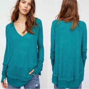We The Free Teal Laguna Waffle Knit Long Sleeve V-Neck Tunic Top S